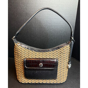 BRIGHTON Edna Woven Straw Wicker Natural Tan Brown Leather Handbag Purse